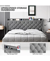 gaomon Upholstered Bed Frame - Full Size, Usb Ports, Wingback Headboard, Storage Shelf, and Charging Station