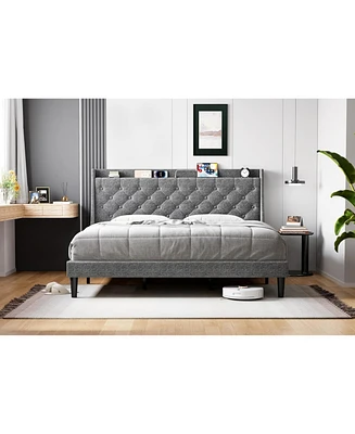 gaomon Upholstered Bed Frame - King Size, Usb Ports, Wingback Headboard, Storage Shelf, and Charging Station