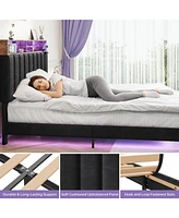 Sersper Upholstered Bed Frame with Charging Station and Storage Headboard