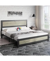 gaomon Full Size Bed Frame with Headboard, Industrial Platform Bed Frame with Charging Station, No Box Spring Required, Easy to Assemble
