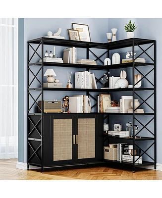 gaomon Corner Bookshelf, 6 Tier Book Shelf with Storage, Farmhouse L Shaped Book-Shelf Cabinet, Modern Industrial Bookcase for Home Office