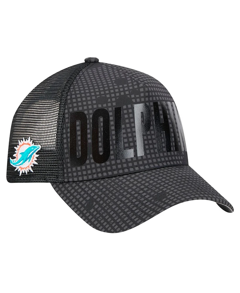 New Era Men's Black Miami Dolphins Midnight Ink Tonal Text A-Frame Trucker 9FORTY Adjustable Hat