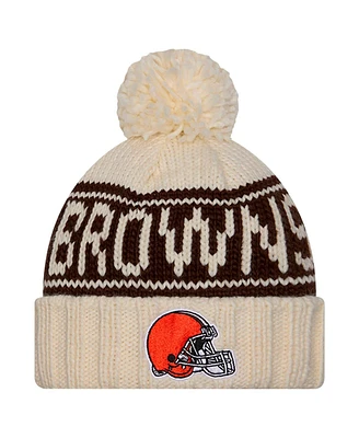 New Era Women's Cream Cleveland Browns 2024 Sideline Cuffed Knit Hat with Pom