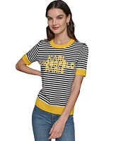 Karl Lagerfeld Paris Petite Striped Logo Short-Sleeve Sweater