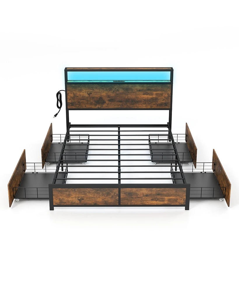 Gouun Full Size Bed Frame with Smart Led Lights and Storage Drawers
