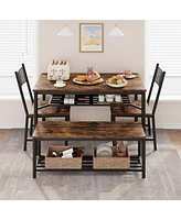 gaomon Dining Table Set for 4 Kitchen Table With Bench & 2 Chairs 4-Piece Dining Table Set w/ Storage Wine Rack Rectangular Dining Furniture Set With