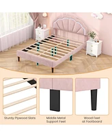 Queen Size Upholstered Led Bed Frame with Adjustable Flower Headboard and Metal Support Legs
