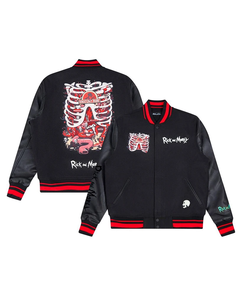 Freeze Max Men's Black Rick And Morty Anatomy Park Full-Zip Varsity Jacket
