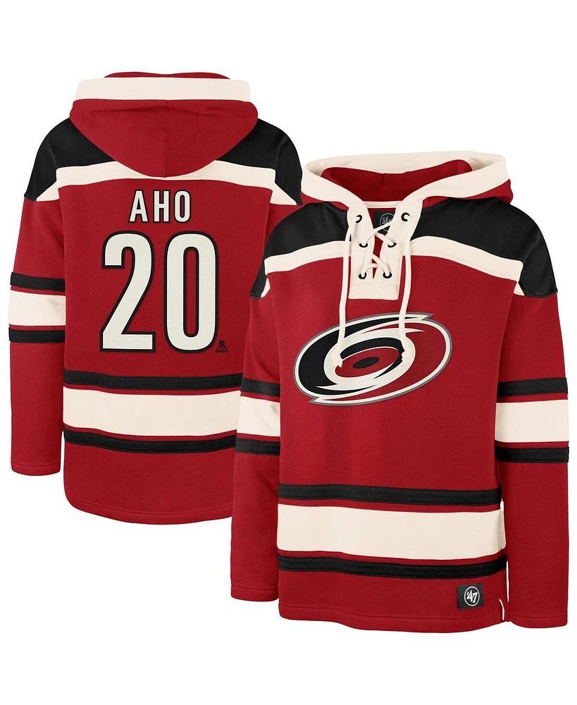 '47 Brand Men's Sebastian Aho Red Carolina Hurricanes Player Name Number Lacer Pullover Hoodie