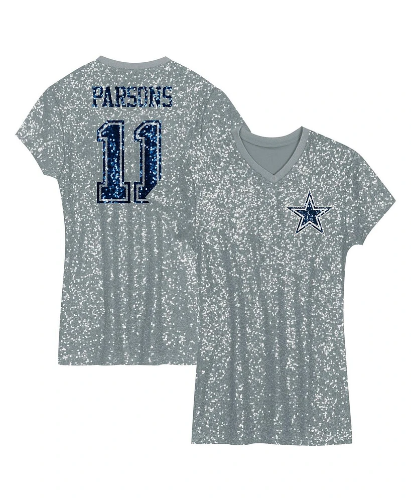 Outerstuff Big Girls Micah Parsons Silver Dallas Cowboys Sequin Player Name Number V-Neck Dress