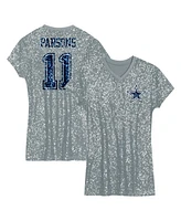 Outerstuff Big Girls Micah Parsons Silver Dallas Cowboys Sequin Player Name Number V-Neck Dress
