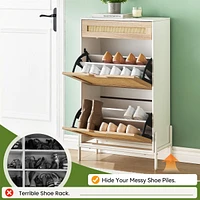 Natural Rattan Storage Cabinet with 2 Flip Drawers, Wooden Entry Way Cabinet with Storage with Adjustable Shelf and Metal Legs, Entrance Shoe Cabinet