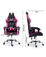 Dyhome Cute Gaming Chair with Cat Paw Lumbar Cushion and Ears, Ergonomic Computer Chair,Reclining Pc Game for Girl