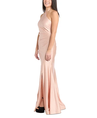 Morgan & Company Juniors' Halter Sleeveless Satin Gown