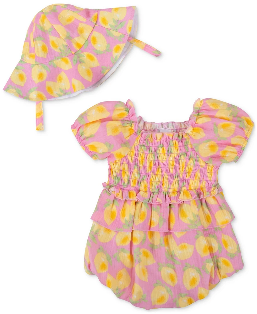 Baby Essentials Girls 2-Pc. Gauze Lemon Romper & Sun Hat Set