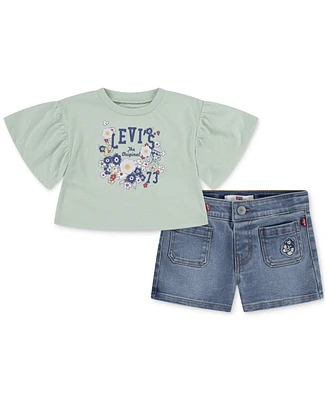 Levi's Baby Girls 2-Pc. Flutter-Sleeve Top & Jean Shorts Set