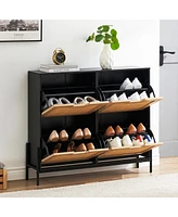 gaomon Rattan Shoe Storage Cabinet with 4 Flip Drawers, Narrow Shoe Rack Cabinet, Freestanding Wooden Shoe Organizer Cabinet for Entryway