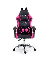 Dyhome Cute Gaming Chair with Cat Paw Lumbar Cushion and Ears, Ergonomic Computer Chair,Reclining Pc Game for Girl