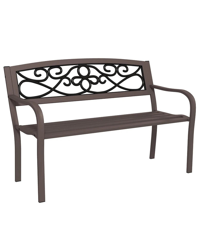 Outsunny Outdoor Bench, Steel Garden Bench with Floral Backrest,