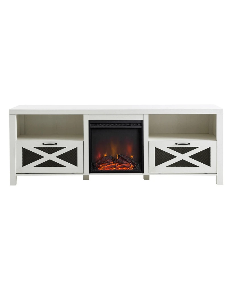 Boyel Living 70 Inches Industrial Metal Mesh Fireplace Tv Stand Farmhouse Drop-Down X-Door with Electric for TVs up to 80 Inches, S
