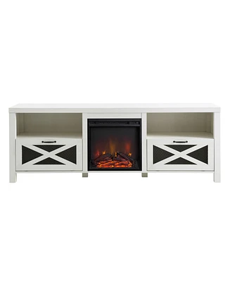 Boyel Living 70 Inches Industrial Metal Mesh Fireplace Tv Stand Farmhouse Drop-Down X-Door with Electric for TVs up to 80 Inches, S