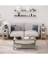gaomon Grey Farmhouse End Table, 3 Tier Rustic Side Table, Narrow Sofa Table Set of 2 with Ample Storage Shelf, Rectangular Nightstand with Metal Corn
