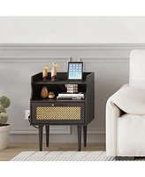 gaomon Nightstand Set of 2, Rattan End Table with Charging Station, 2 Open Shelves Beside Table with Drawer and Solid Legs