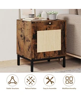 gaomon Rattan End Table, Wood Nightstand with Tray for Living Room