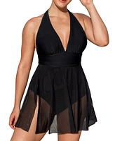 Cupshe Plus Tummy Control Halter Mesh Skirt Tie Swim Dress