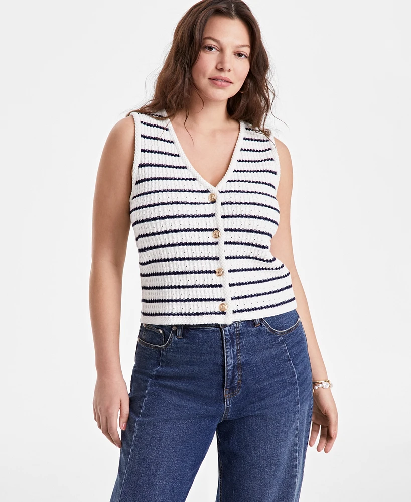 On 34th Women's Striped Pointelle Button-Front V-Neck Vest, Exclusively at Macy's