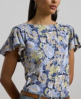 Lauren Ralph Women's Floral Slub Jersey Flutter-Sleeve Top