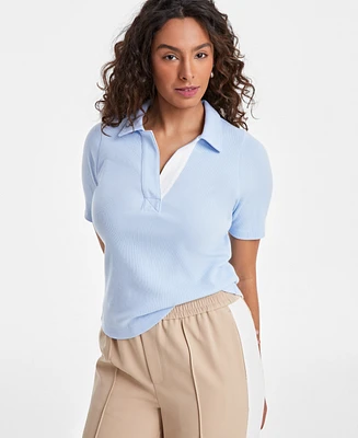 On 34th Women's Elbow-Sleeve Ribbed Polo Top, Exclusively at Macy's