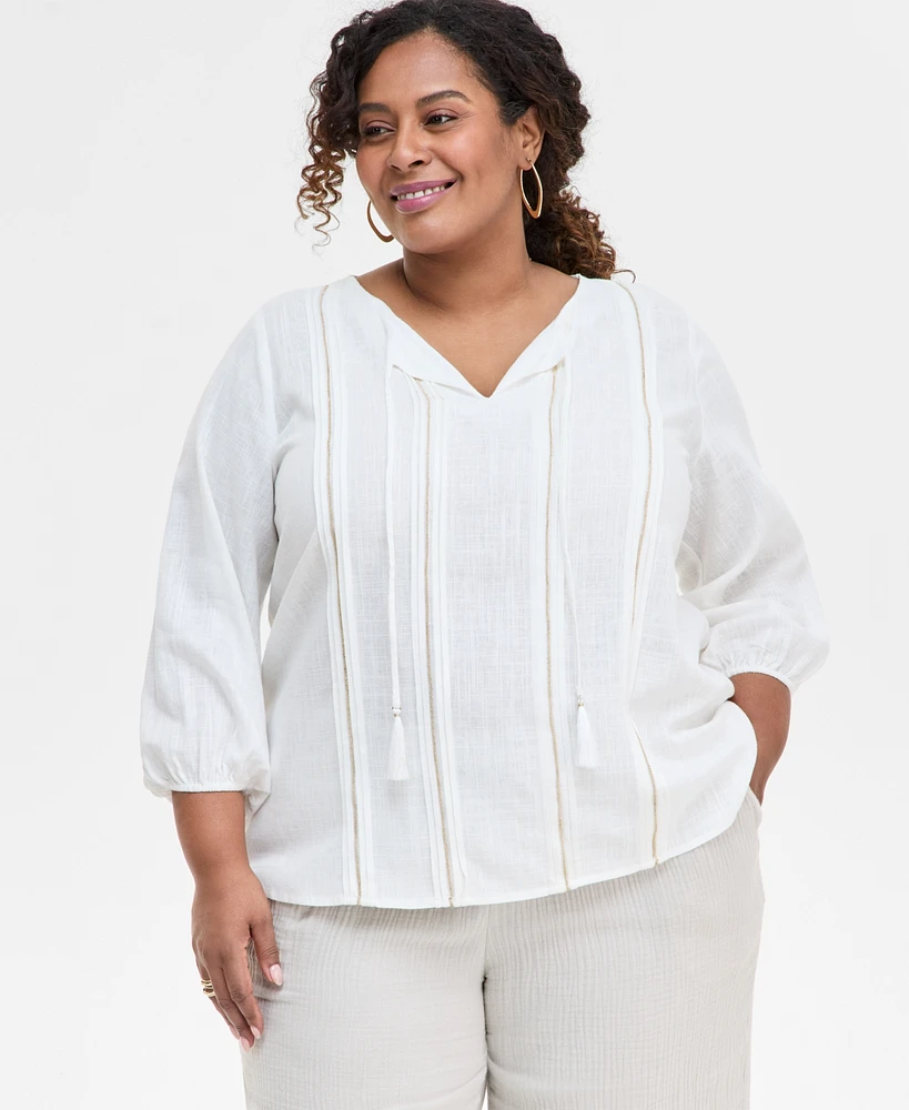 Jm Collection Plus Pleated Split-Neck Top, Exclusively at Macy's