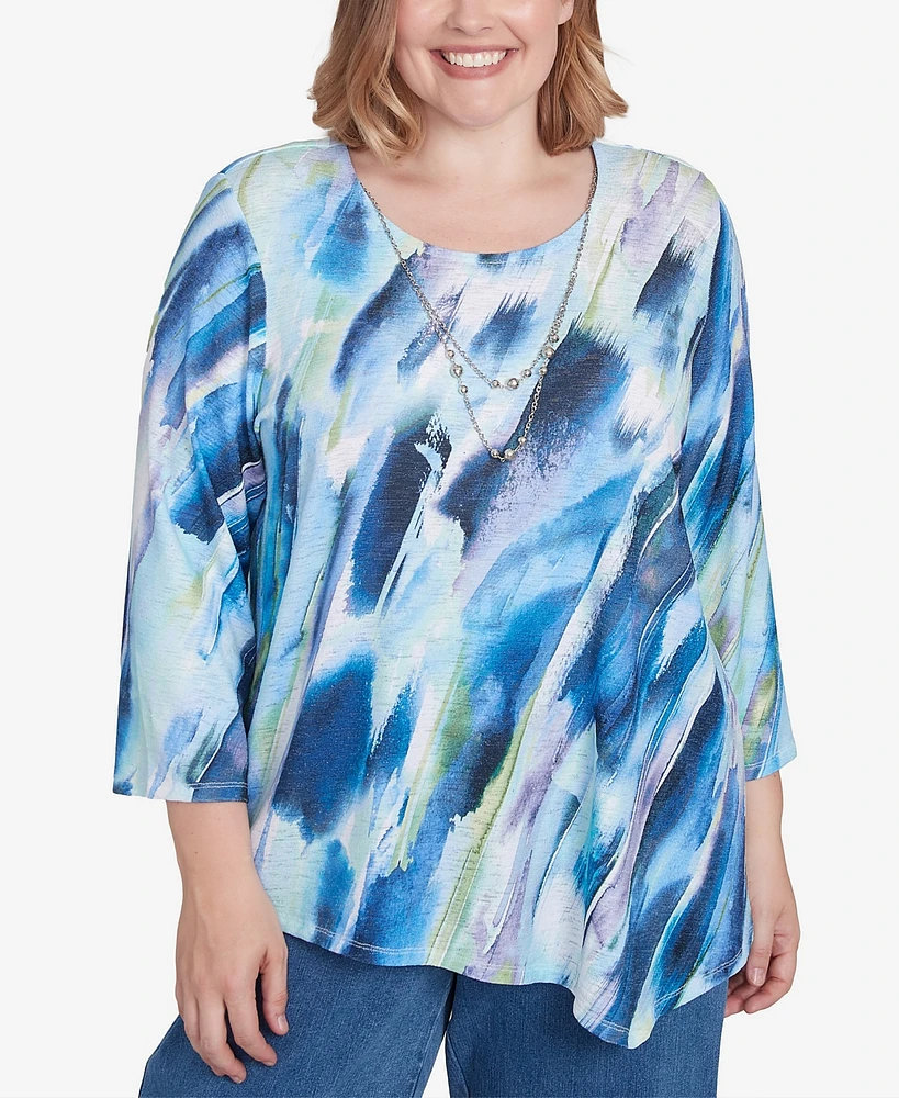 Alfred Dunner Plus Classic Diagonal Brushstroke Top with Necklace