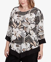 Alfred Dunner Plus Classic Floral Geometric Crew Neck Top with Necklace