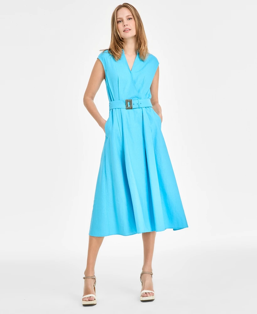 Karl Lagerfeld Paris Women's Belted V-Neck Midi Dress