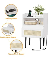 gaomon Nightstand Set of 2, Rattan End Table with Charging Station, 2 Open Shelves Beside Table with Drawer and Solid Legs