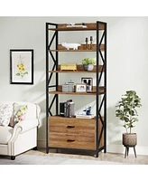 Tribesigns Bookshelf with Drawers, 70.8" Industrial Bookcase with 2 Drawers, 5 Shelf Open Shelf for Storage, Wood Book Shelf for Living Room, Bedroom,