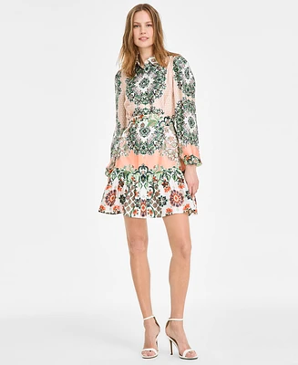 Anne Klein Petite Printed Long-Sleeve Tie-Waist Dress