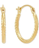 Polished Ribbed Textured Small Hoop Earrings in 10k Gold, 15mm