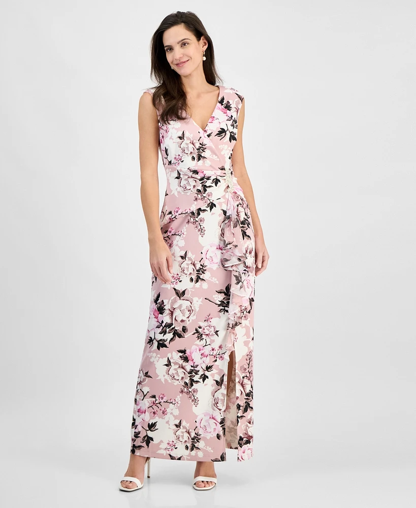 Connected Women's Floral Print Draped Sleeveless Gown