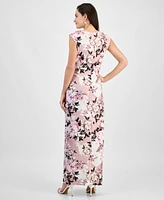 Connected Women's Floral Print Draped Sleeveless Gown