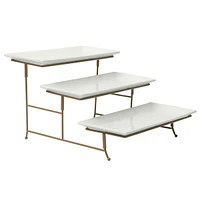 Gibson Home Gracious Dining Dinnerware, 3-Tier Rectangle Plate Serving Set with Gold Metal Stand, White