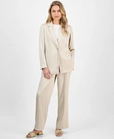 Anne Klein Womens Crinkled Satin Notched Collar One Button Jacket Wide Leg Pants