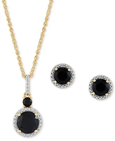 2-Pc. Set Onyx & Diamond Accent Halo Pendant Necklace & Matching Stud Earrings in 14k Gold-Plated Sterling Silver