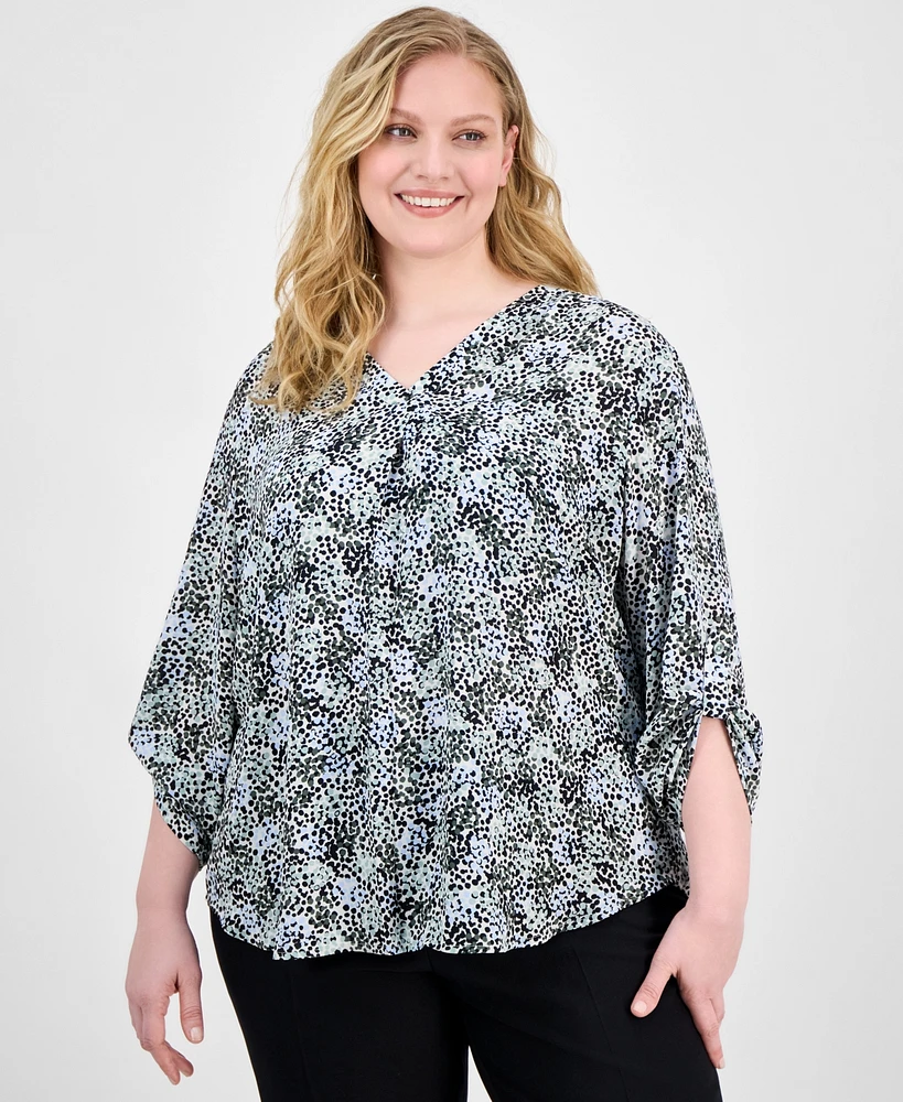 Ak Anne Klein Plus Size Printed V-Neck Pleat-Front Blouse