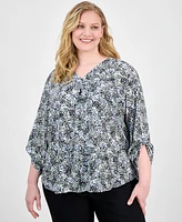 Ak Anne Klein Plus Size Printed V-Neck Pleat-Front Blouse