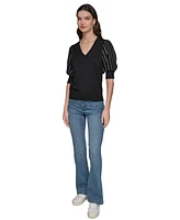 Karl Lagerfeld Paris Women's Puffed-Sleeve V-Neck Sweater