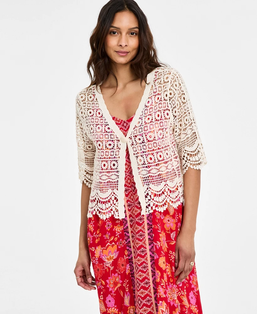 Liverpool Los Angeles Women's Crochet Lace Short-Sleeve Cotton Bolero Sweater