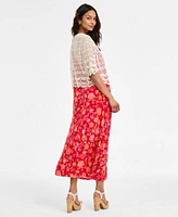 Liverpool Los Angeles Womens Floral Print Spaghetti Strap Maxi Dress Crochet Lace Short Sleeve Cotton Bolero Sweater